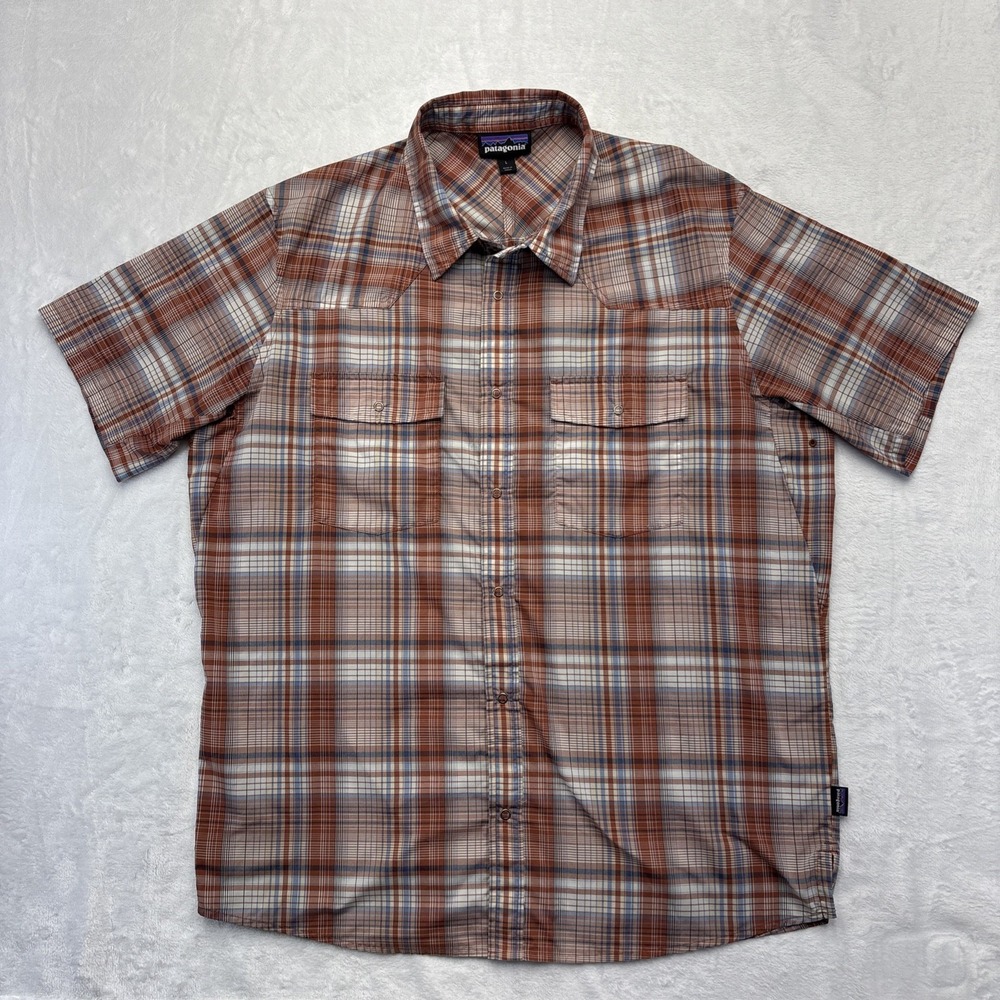 Patagonia Y2K Snap Shirt Mens L Brown Plaid Short Sleeve Dual Pocket Gorpcore